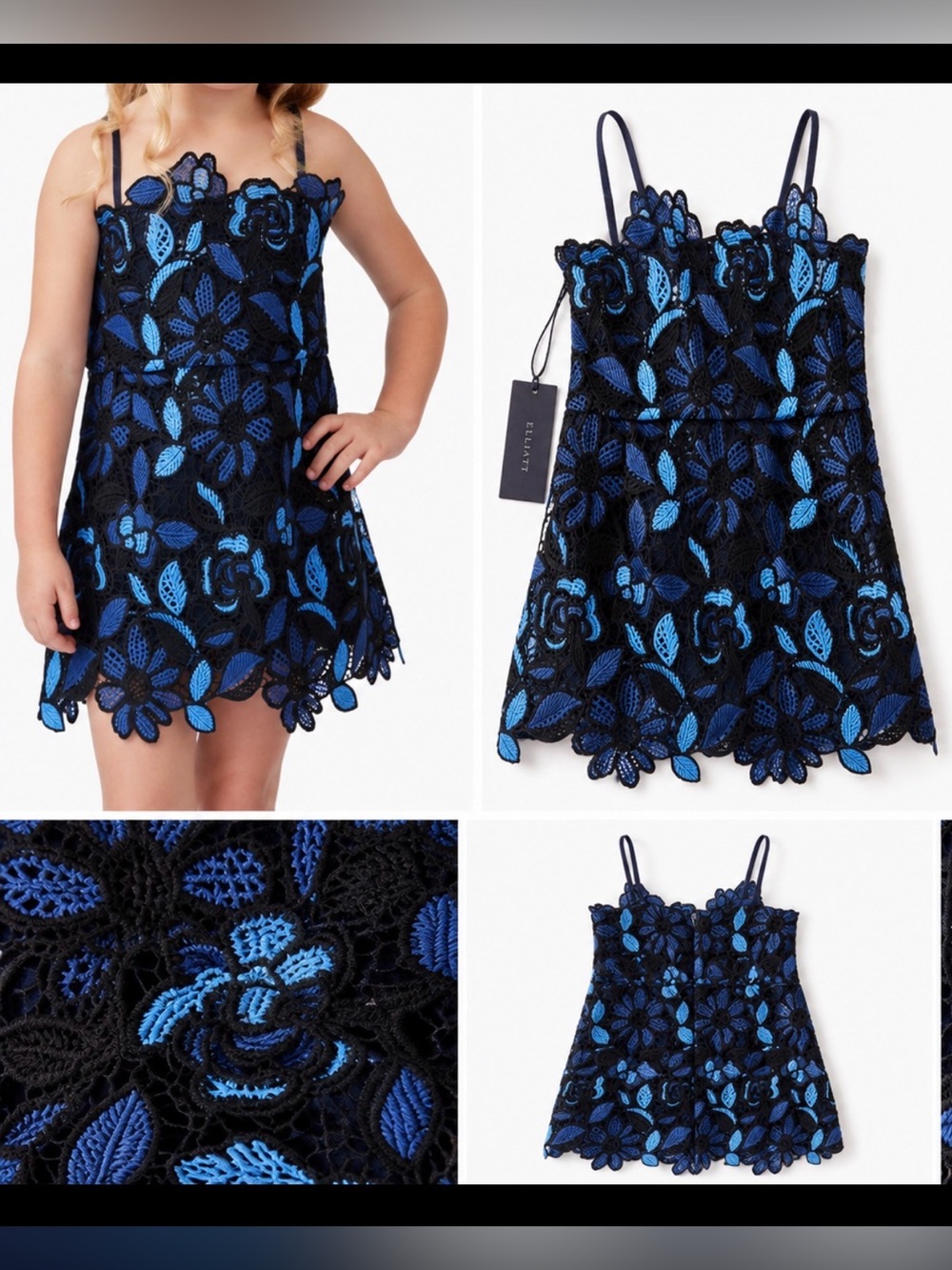 Elliatt Black Blue Floral Lace Girls Dress Size 2 Party Wedding Flower Girl NWT